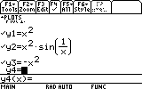 Graphing calculator function editor showing equations: y₁ = x², y₂ = x²·sin(1/x), and y₃ = -x².